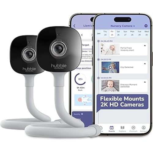 HUBBLE CONNECTED GoBaby AI Twin — 2 Baby Monitor Cameras w/Covered Face & Rollover Alert, True Cry Detection, Sleep Trainer & More — Twin 2K UHD Baby Camera Monitors w/Flexible Mount