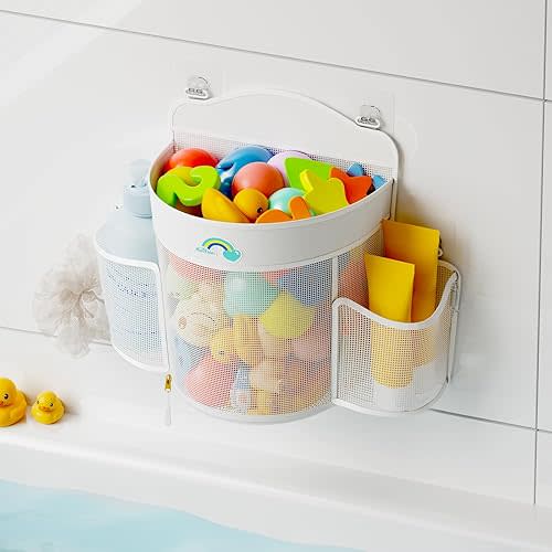 Hanging Bath Toy Storage - Large Opening Quick Dry Mesh Bath Toy Holder with 2 Side Pockets and Bottom Zipper, Space-Saving Bath Toy Organizer for Kids Bathtubs - White