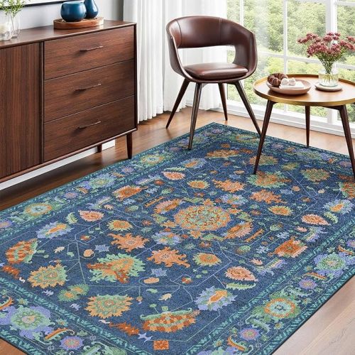 Kokia Green Living Room Area Rug Washable Non Slip Low Pile 6x9 Vintage Oushak Stain Resistant Soft Oriental Rugs for Bedroom, Dining Room, Kitchen, Indoor Leisure Rooms, Nova Peacock