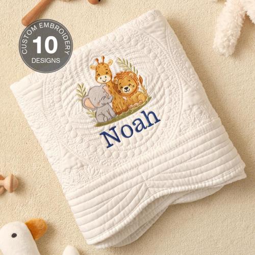 Personalized Baby Blanket, Embroidered Lion Baby Blanket, Cotton Safari Baby Blanket, Baby Shower Gift, Keepsake Heirloom Quilt,Newborn Gift
