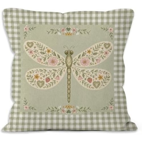 Green Gingham Dragonfly Floral Girl Nursery Throw Pillow Cover 18x18
