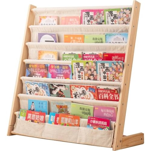 Wooden Bookshelf for Kids Wood Bookrack Canvas Book Storage Shelf Display Bookshelf 6 Tier Kids Book Rack for Bedroom Living Room Playroom Storage Organizer Natural (29.52" L x 11.81" W x 31.10" H)