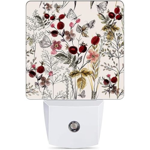 Vintage Flower Night Light, Butterfly Plug into Wall with Dusk to Dawn Light Sensors, Warm Nightlights for Bedroom, Bathroom, Hallway, Kitchen, Gifts Ideal for Girls Women