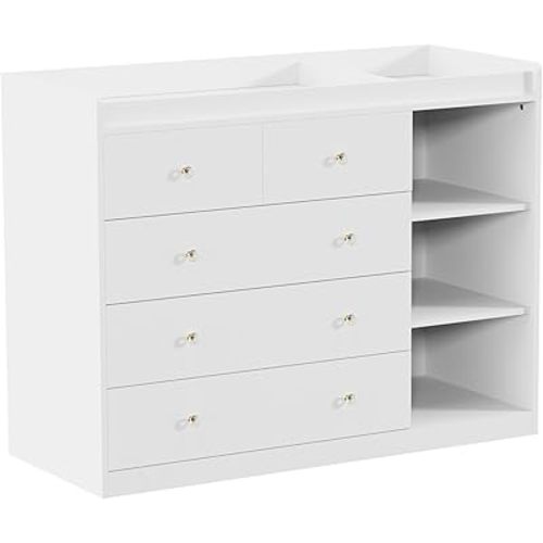 Nursery Dresser Changing Table Dresser with Changing Top Diaper Changing Station with 5 Drawers and 3 Shelves for Children's Room，White
