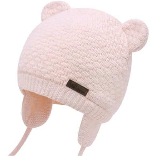 Duoyeree Baby Winter Hat, Bear Knit Earflaps Cotton Lined for Toddler Kids