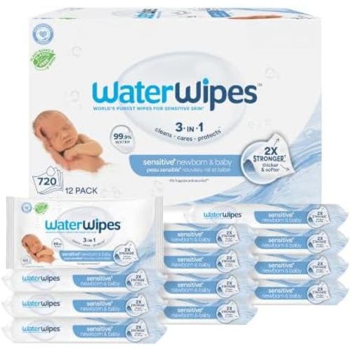 WaterWipes Sensitive+ Newborn & Baby Wipes, 3-In-1 Cleans, Cares, Protects, 99.9% Water, Unscented & Hypoallergenic, 720 Count (12 Packs)