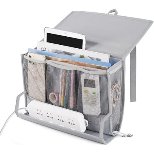Bedside Storage Organizer with Power Strip Holder and Adjustable Straps Bed Hanging Bag for Home Bunk Bed Dorm Sofa (Light Gray)