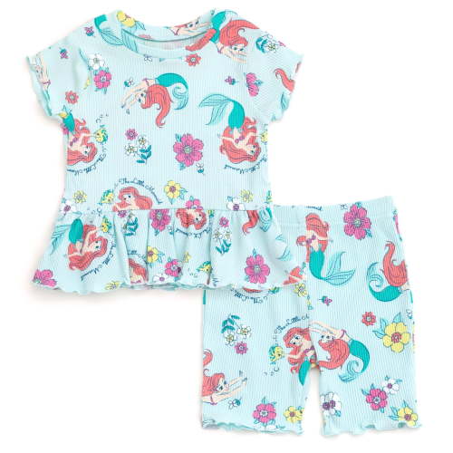 Disney Princess Little Mermaid Ariel Ribbed Peplum T-Shirt and Shorts Outfit Set Newborn to Little Kid
