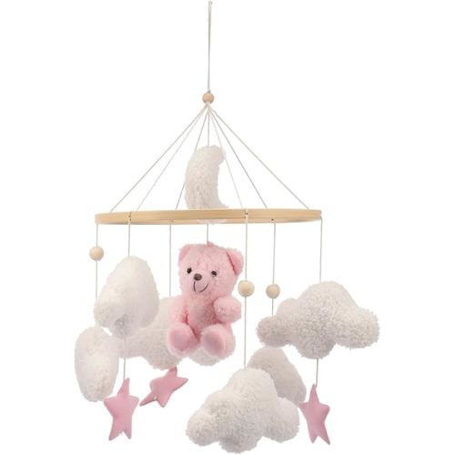 Baby Crib Mobile, Soft Plush and Wood Nursery Mobile Cute Baby Bed Bell Charming Nursery Decor for Infant Newborn Boy Girl(Pink)
