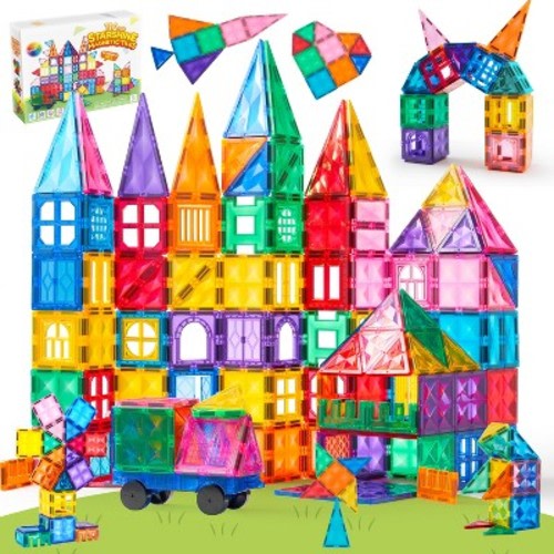 Joyfy 110pcs Magnetic Tiles with Vehicle Building Blocks Construction STEM Learning Toys Christmas Birthday Gift for Kids Toddlers Age 3-8 Boy Girl