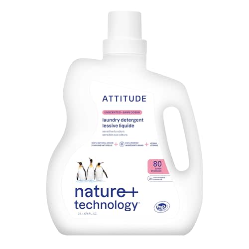 ATTITUDE Liquid Laundry Detergent, EWG Verified, HE Compatible, Plant-Based & Vegan, Natural Laundry Soap, Unscented, 80 Loads, 67.6 Fl Oz