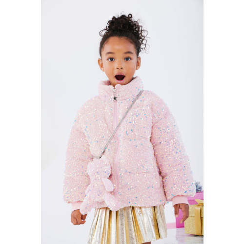 Pink Sequin Puffer Coat With Bear Purse