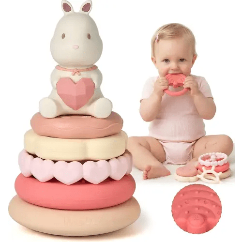 Moonkie Bunny Silicone Stacking Rings, 7-Piece Baby Teething Toy, 6M+