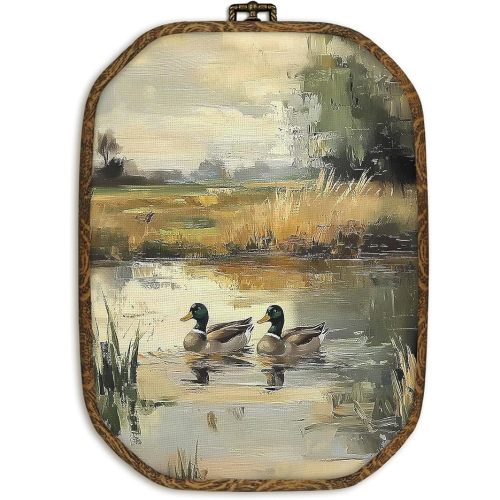dvhdajed Vintage Mallard Duck Wall Art Decor, Rustic Farmhouse Ducks Framed Canvas Art, Rustic Cottagecore Mallard Duck Octagon Wall Hanging Decor for Nursery Bedroom Living Room, 10.2x7 Inch