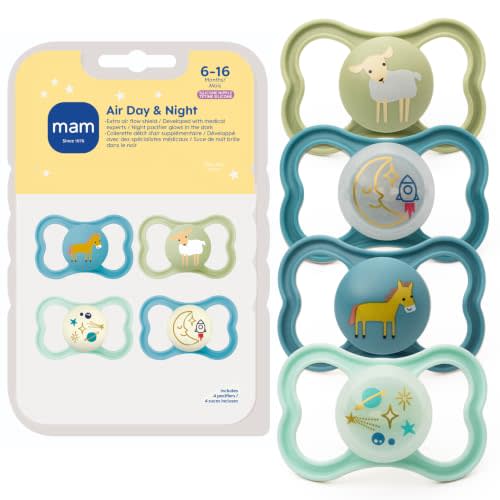 MAM Air Pacifier 6-16 Months, Extra Air Flow for Sensitive Skin, 4 Pack | Glows In The Dark, Developed With Medical Experts, BPA-Free Skin Soft Silicone, Made In Europe