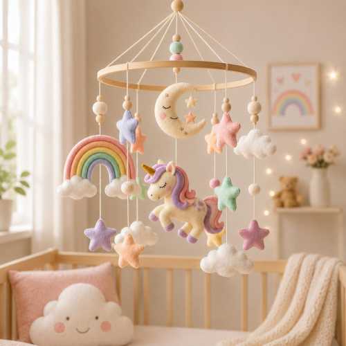 Cute Unicorn Baby Mobile, Fantasy Nursery Hanging Toy, Wooden Arm Decor, Handmade Baby Crib Mobile, Baby Shower Gift