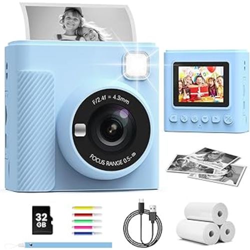 Kids Instant Print Camera, Christmas Birthday Gifts for Girls and Boys, 1080P HD Video Digital Kids Camera with Print Paper & 32G Card, Toddler Toy for 3-14 Years Old (Blue)