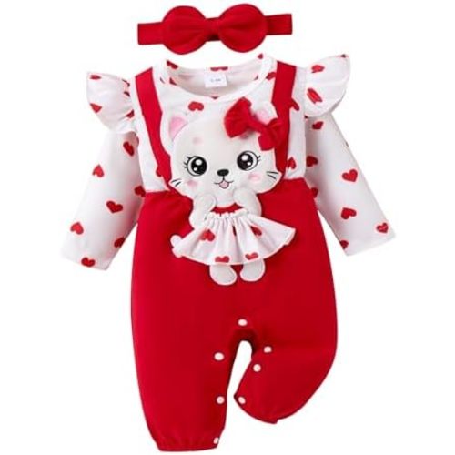 Baby Girl Clothes Newborn Romper Cute Cat Ruffled Long Sleeve Love Fall Winter Outfits with Bow Headband 0-18 Months