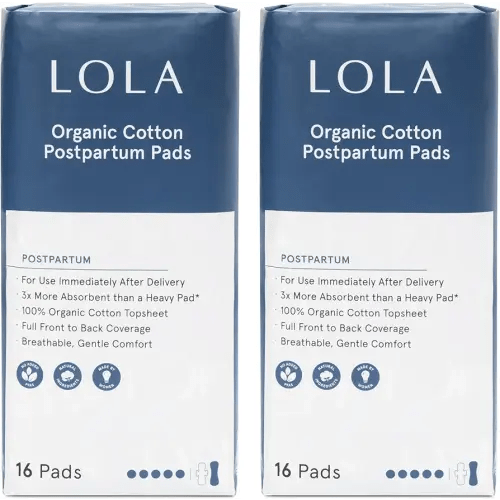 LOLA Organic Cotton Postpartum Pads - Max Absorbency Pads for Postpartum Bleeding - Extra-Long Overnight Liners for Women - Hospital Bag Essentials - 32 Count, Unscented