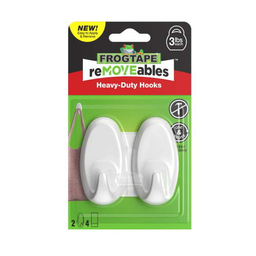 FrogTape reMOVEables Medium White Heavy Duty Hooks, 2 Hooks and 4 Adhesive Strips