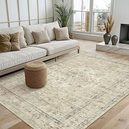 LIVEBOX Washable Area Rug 5x7 Rugs for Living Room Bedroom, Non-Slip Boho Neutral Carpet for Dining Room Office, Low-Pile Farmhouse Soft Carpets for Kids Nursery Room Playroom, Tan