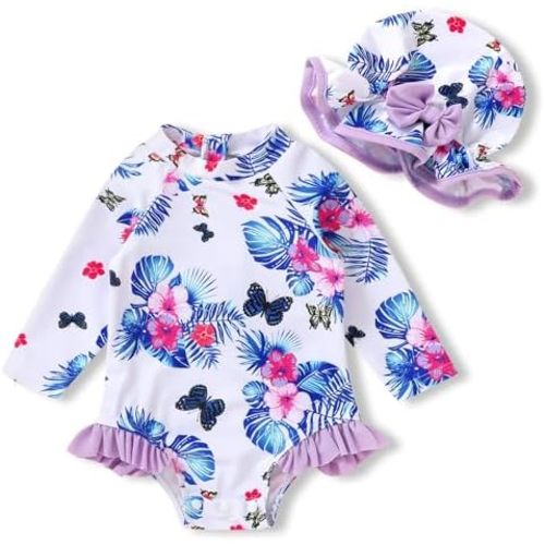 Infant Baby Girl Swimsuit One-Piece Long Sleeve Rash Guard with Hat Set Floral Zipper Bathing Suit Leopard Beach Wear