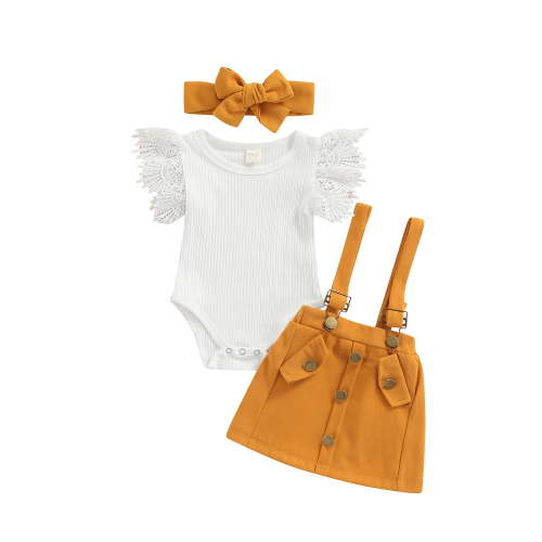 Kiapeise Newborn Baby Girl Outfits 3 6 12 18 Months Flying Sleeve Ribbed Romper Suspender Skirt with Headband 3Pcs Clothes Set