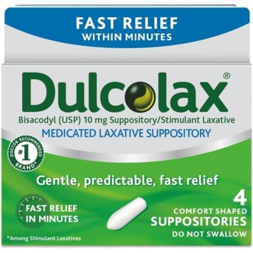 Dulcolax Suppositories 10 mg Fast-Acting Constipation Relief, Rectal Laxative for Predictable Overnight Results, 4 Count