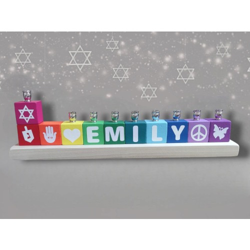 Personalized Name Blocks Menorah Kids Child Baby Judaica Jewish Hanukkah Custom Order Hebrew English
