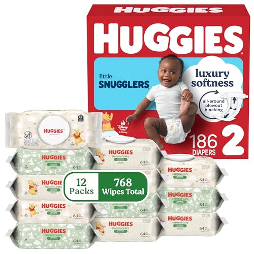 Huggies Little Snugglers Baby Diapers with Huggies Natural Care Sensitive Baby Wipes, Size 2 (12-18 lbs), 186 Diapers & 768 Wipes, Packaging May Vary