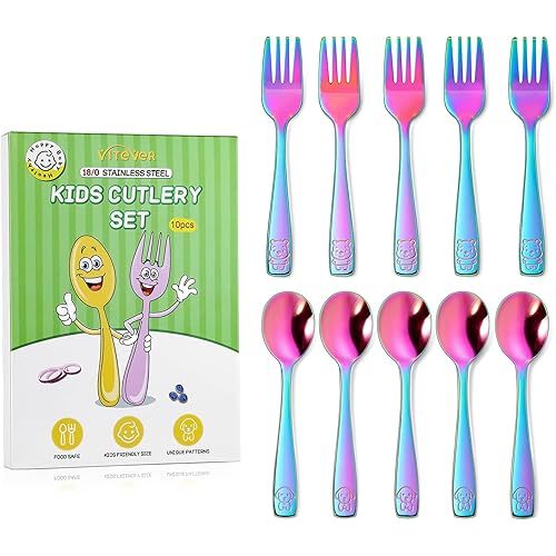 VITEVER 10 Pack Toddler Utensils, Stainless Steel Rainbow Silverware Set for Kids, Children Safe Cutlery Set Includes Forks and Spoons - Dishwasher Safe
