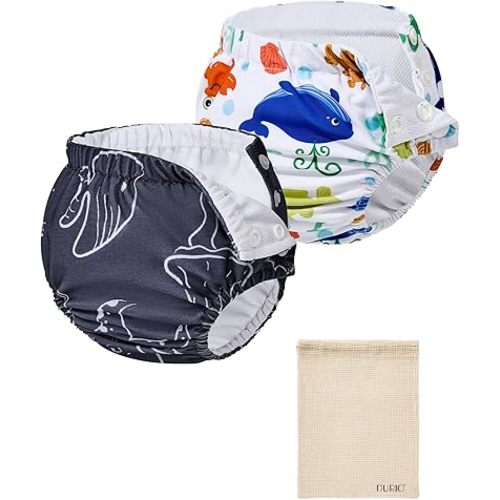 Durio 2PCS Reusable Swim Diapers - Baby Swim Diapers Adjustable Washable Newborn Infant Diaper Soft Water Diaper for Swimming Lessons with a Mesh Bag 3-6M