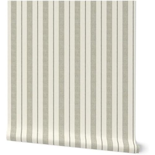 Spoonflower Peel & Stick Wallpaper 3ft x 2ft - Ticking Stripes Classic Striped Vertical Farmhouse Transitional Neutral Cream Green Custom Removable Wallpaper