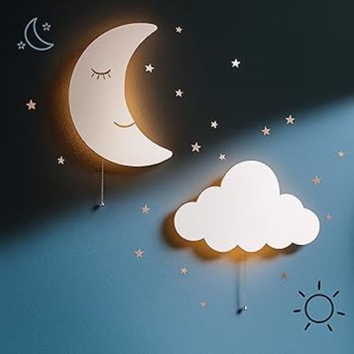 Tip perk 2 Pack Cloud & Moon Lights - Floating Cloud & Moon Wall Lamps for Nursery | Cute Floating Lamps for Kids Bedroom | Battery-Operated Hanging Night Lights for Bedroom/Baby Nursery