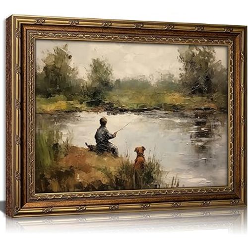 Vintage Gold Framed Wall Art Boy Fishing Country Oil Painting Canvas Prints Peaceful Lake Landscape with Dog Picture Rustic Farmhouse Poster Artwork for Nursery Living Room Bedroom, 16x24in