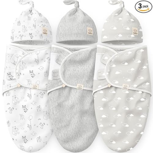 KeaBabies 3-Pack Organic Swaddles for Newborns Girls, Boys with Hats - Soft Cotton Baby Sleep Sacks 0-3 Months, Breathable Baby Hats and Swaddles 0-3 Months, Newborn Essentials Must Haves (Aspire)