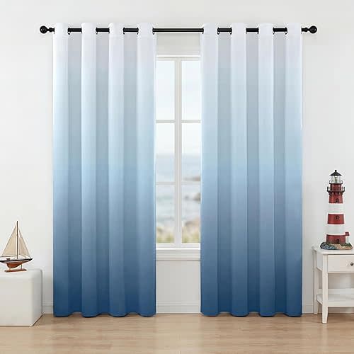 Coastal Gradient Blackout Curtains for Boys Bedroom - 100% Blackout Ocean Theme Thermal Insulated Noise Reducing, Room Darkening Curtain for Kids Room Nursery, 2 Panels, Each W52×L84