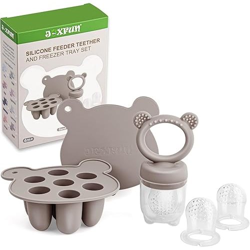 JEXFUN Silicone Baby Fruit Food Feeder Pacifier & Breastmilk Popsicle Freezer Molds, Double as Baby Teething Toys, Freezable Feeding Set for Breast Milk Ice Cubes, Food, Vegetable Purees - (Sand)