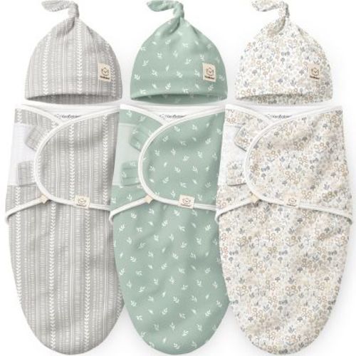 KeaBabies 3-Pack Organic Swaddle Sleep Sacks Baby with Newborn Beanies, Premies Swaddles Wrap 0-3 Months, Ergonomic Wearable Blanket (Prairie)