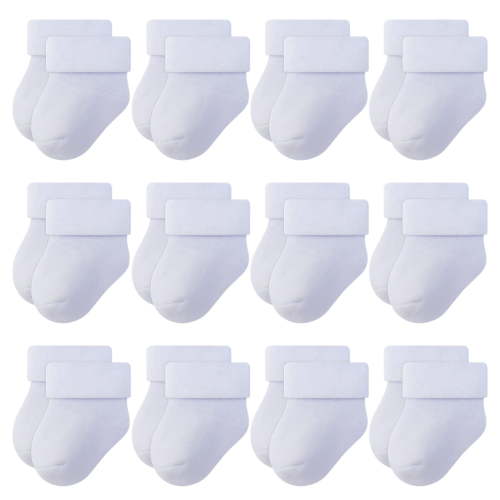 RATIVE Newborn Socks Thick Terry Turn Cuff Socks for Unisex Baby Boy and Girl (0-6 months, 12-pairs/white)