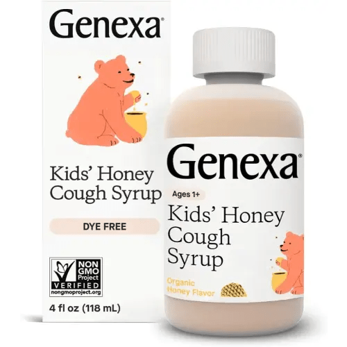 Genexa Kids’ Organic Honey Cough Syrup, Dye Free, 0% Artificial Additives, Children's Cough Remedy for Kids 2-11, Soothing Natural Honey Flavor, Gluten Free, & Non-GMO 4 fl oz