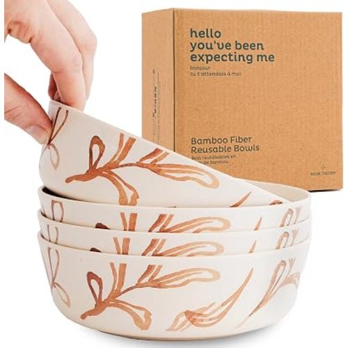 4 Pack Bamboo Bowls - 18 Oz Reusable Toddler and Kids Bowl, Dishwasher Safe - Not Microwavable Bamboo Dishes (Wildflower)