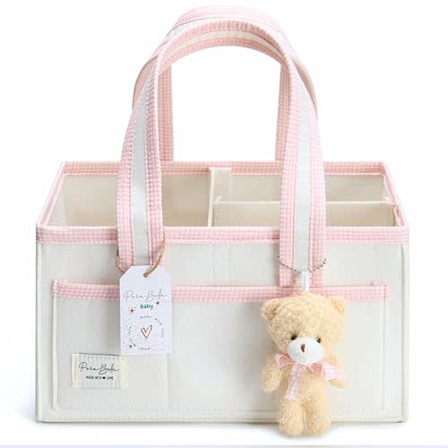 PeraBella Diaper Caddy Organizer with Handle, Baby Shower Gifts Basket Bag, Registry Search Must Haves Items, Nursery Storage Organizer for Newborn Girl Boy, Baby Bag Essentials, Car Diaper Caddy Cart