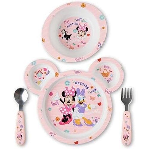 The First Years Disney Minnie Mouse Kids Dinnerware Set - Includes Toddler Plate, Bowl, Fork, and Spoon - Baby Led Weaning Supplies - 4 Count- Ages 9 Months and Up
