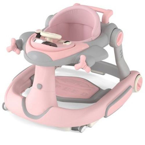 Kinder King 5-in-1 Baby Activity Walker, Convertible Push & Sit-in Walker with Adjustable Height, Foldable, Stable Design, Pink&Gray