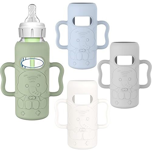 KingKam 4 Pack Silicone Sleeves for Dr. Brown's Glass Baby Bottles, Anti Breakage Baby Bottle Sleeves Holder, Compatible with Dr. Brown's Anti-Colic Options+ Narrow Glass Baby Bottles, 4 oz/120 mL