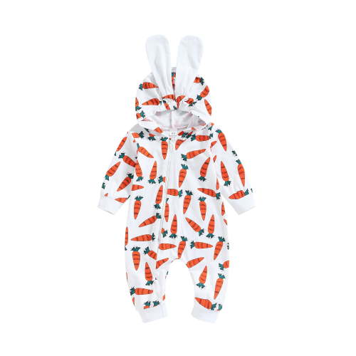 Jxzom Baby Girl Boy Easter Outfit Carrot Print Zipper Onesie Bunny Ear Hooded Romper Jumpsuit My First Easter Outfit
