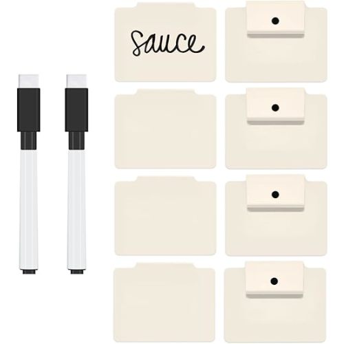 Metal Basket Bin Label Clip on Removable Basket Label Pantry Basket Label Clip with Chalk Markers for Storage Fabric Bin Basket Box 8 Cream Holders + 2 Blue Chalk Makers (8 Holders, Cream)