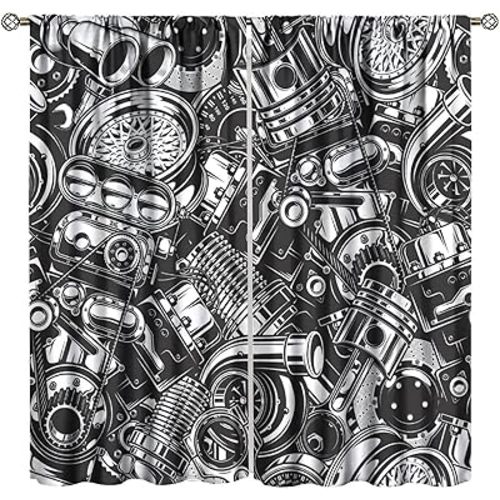 Vintage Car Blackout Window Curtains, Automobile Car Parts Engine Print Rod Pocket Window Drapes, for Bedroom Living Room 42" W X 45" L