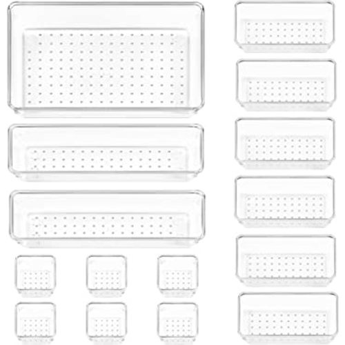 Vtopmart 15 PCS Clear Plastic Drawer Organizers Set, 4-Size Versatile Bathroom and Vanity Drawer Organizer Trays, Storage Bins for Makeup, Bedroom, Kitchen Gadgets Utensils and Office